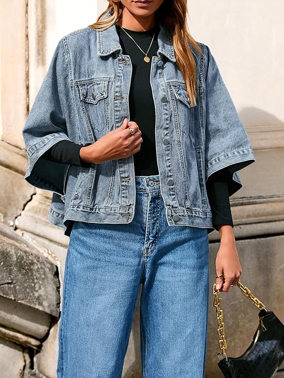 Womens Jean Jacket Oversized Cropped Denim Cape Jacket-Tactilefable