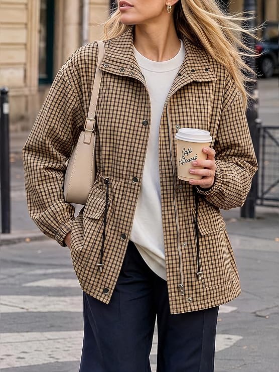 Womens Plaid Zip Up Jackets Casual Fall Windproof Trench Coats-Tactilefable