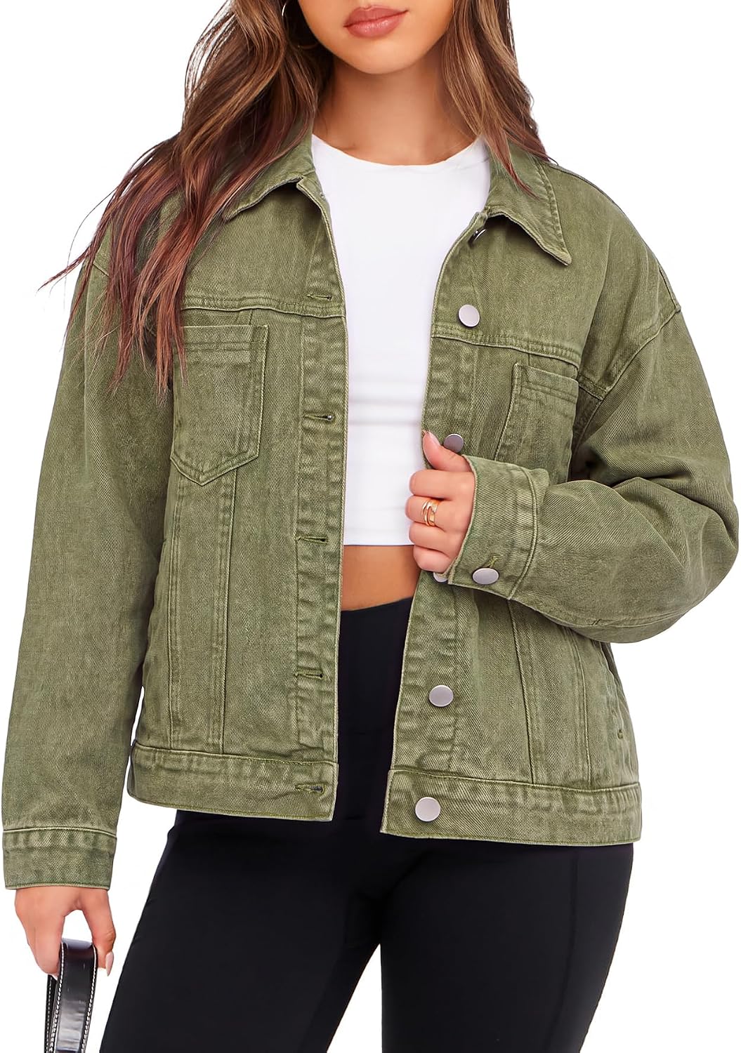 Womens Oversized Jean Jacket Casual Long Sleeve Button Down Denim Jacket Fall Coat-Tactilefable