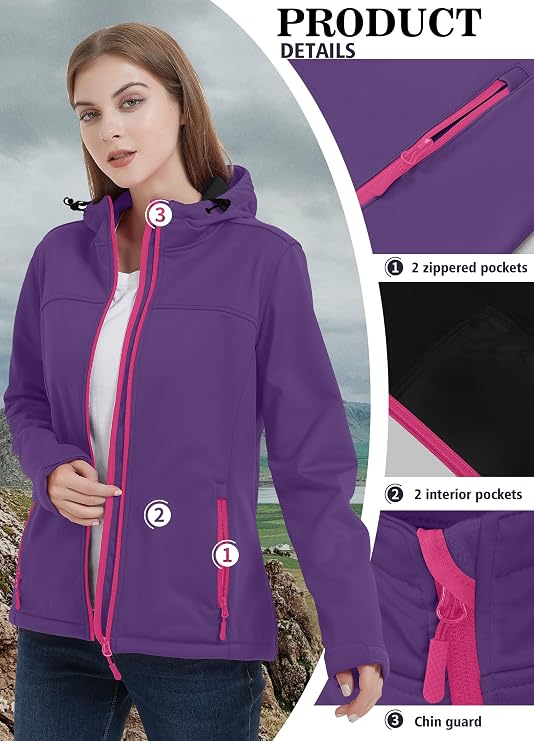 Women's Fleece Lined Softshell Jacket Waterproof Hooded Rain Coat-Tactilefable