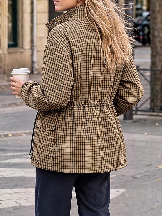 Womens Plaid Zip Up Jackets Casual Fall Windproof Trench Coats-Tactilefable