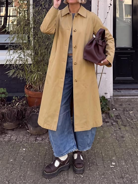 Womens Plaid Trench Coat Fall Lapel Single Breasted Long Jacket-Tactilefable
