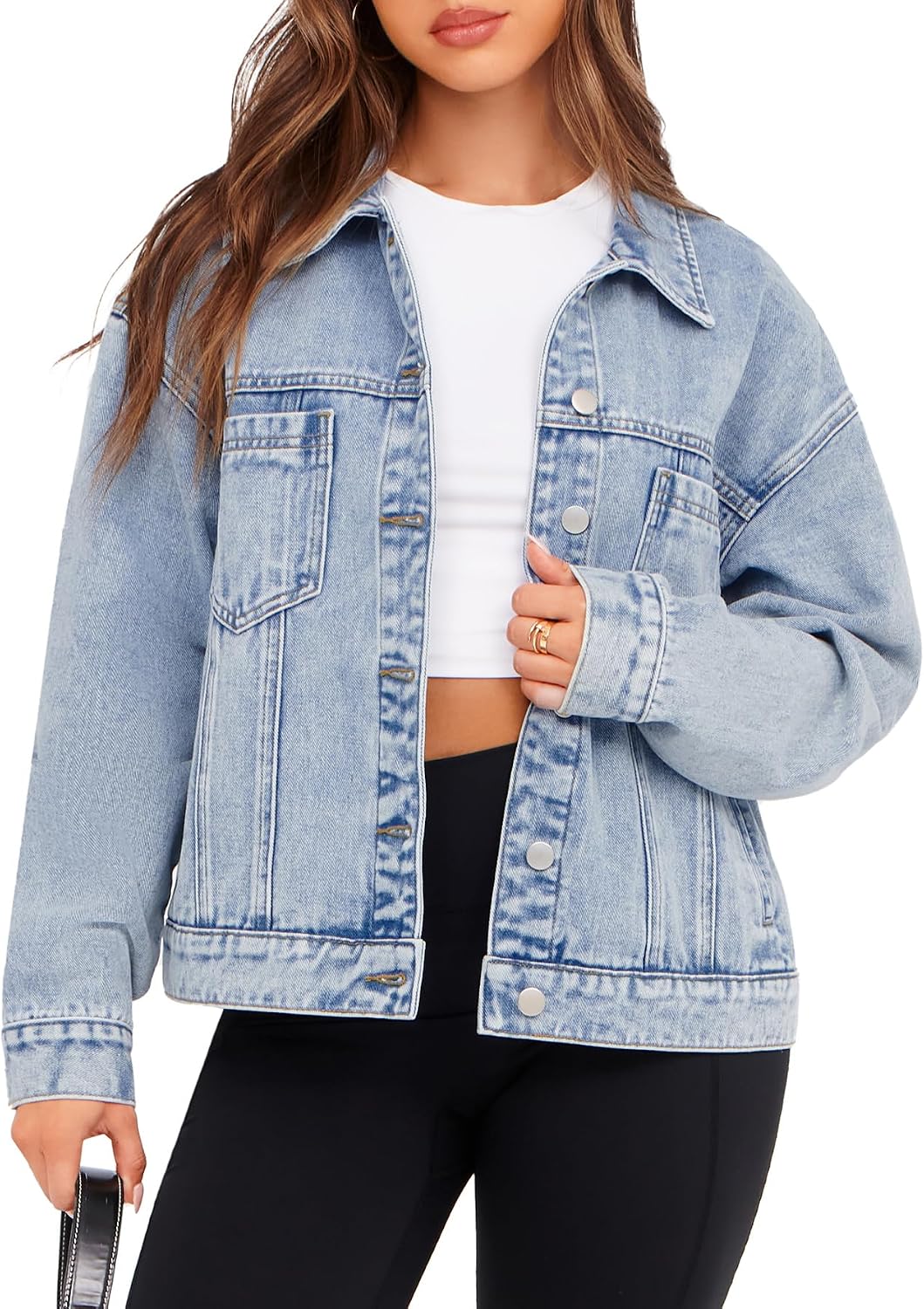 Womens Oversized Jean Jacket Casual Long Sleeve Button Down Denim Jacket Fall Coat-Tactilefable