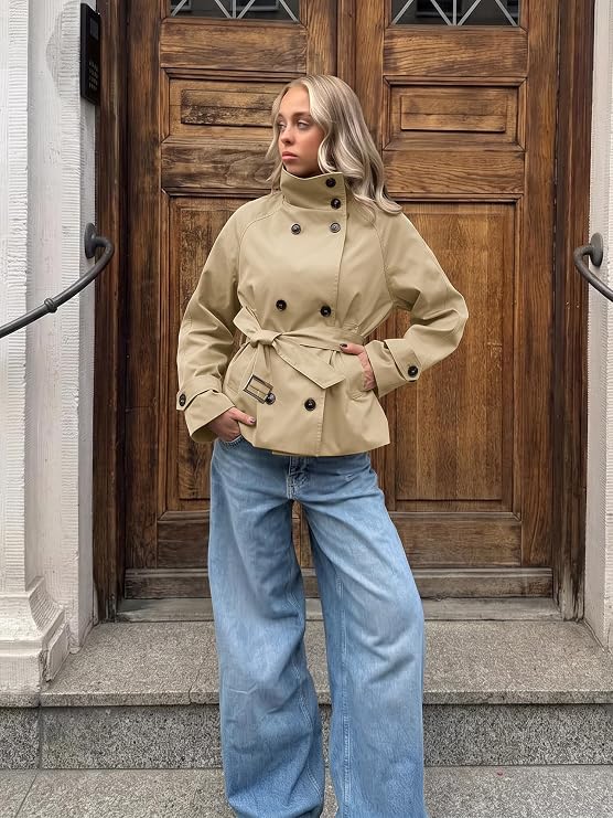 Womens Cropped Trench Coat Funnel Neck Fall Trendy Jacket with Belt-Tactilefable
