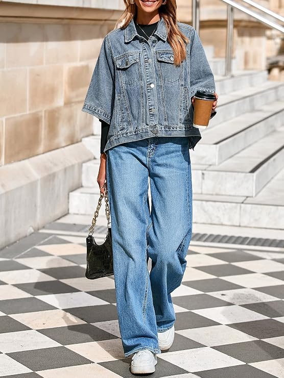 Womens Jean Jacket Oversized Cropped Denim Cape Jacket-Tactilefable