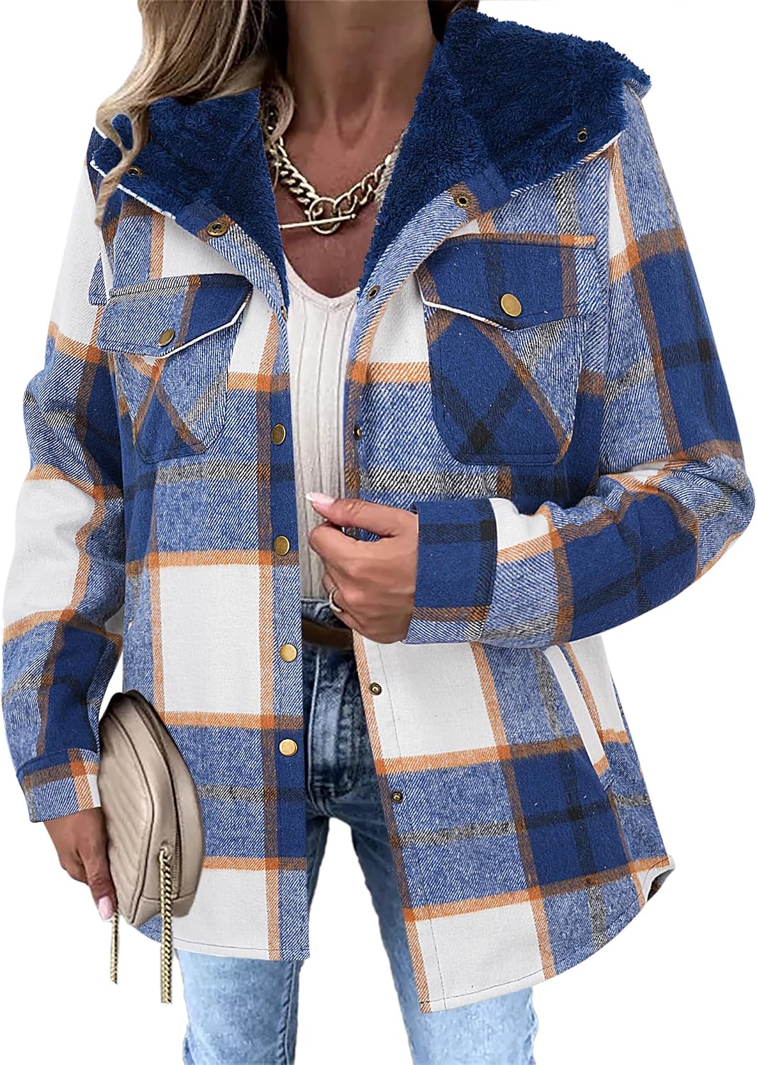 Womens Flannel Plaid Jacket Fleece Lined Shacket Hooded Warm Coat-Tactilefable