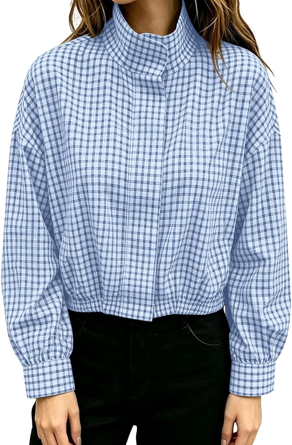 Funnel Neck Jacket for Women Gingham Zip Up Bomber Jacket-Tactilefable
