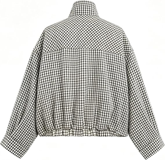 Funnel Neck Jacket for Women Gingham Zip Up Bomber Jacket-Tactilefable