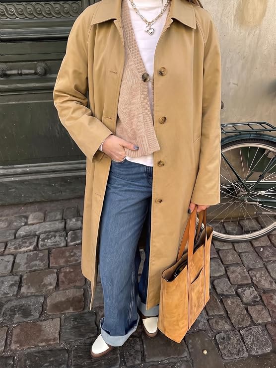 Womens Plaid Trench Coat Fall Lapel Single Breasted Long Jacket-Tactilefable