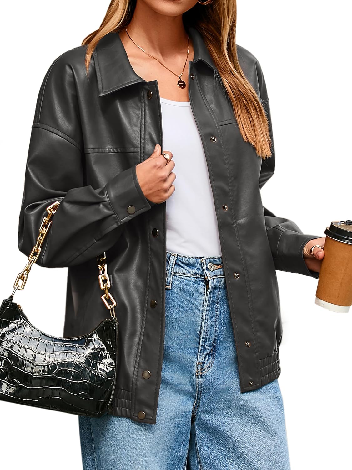 Womens Faux Leather Jacket Trendy Outfits Loose Fit Button Down Motorcycle Bomber Jackets Fashion Fall Winter Coat-TACTILEFABLE