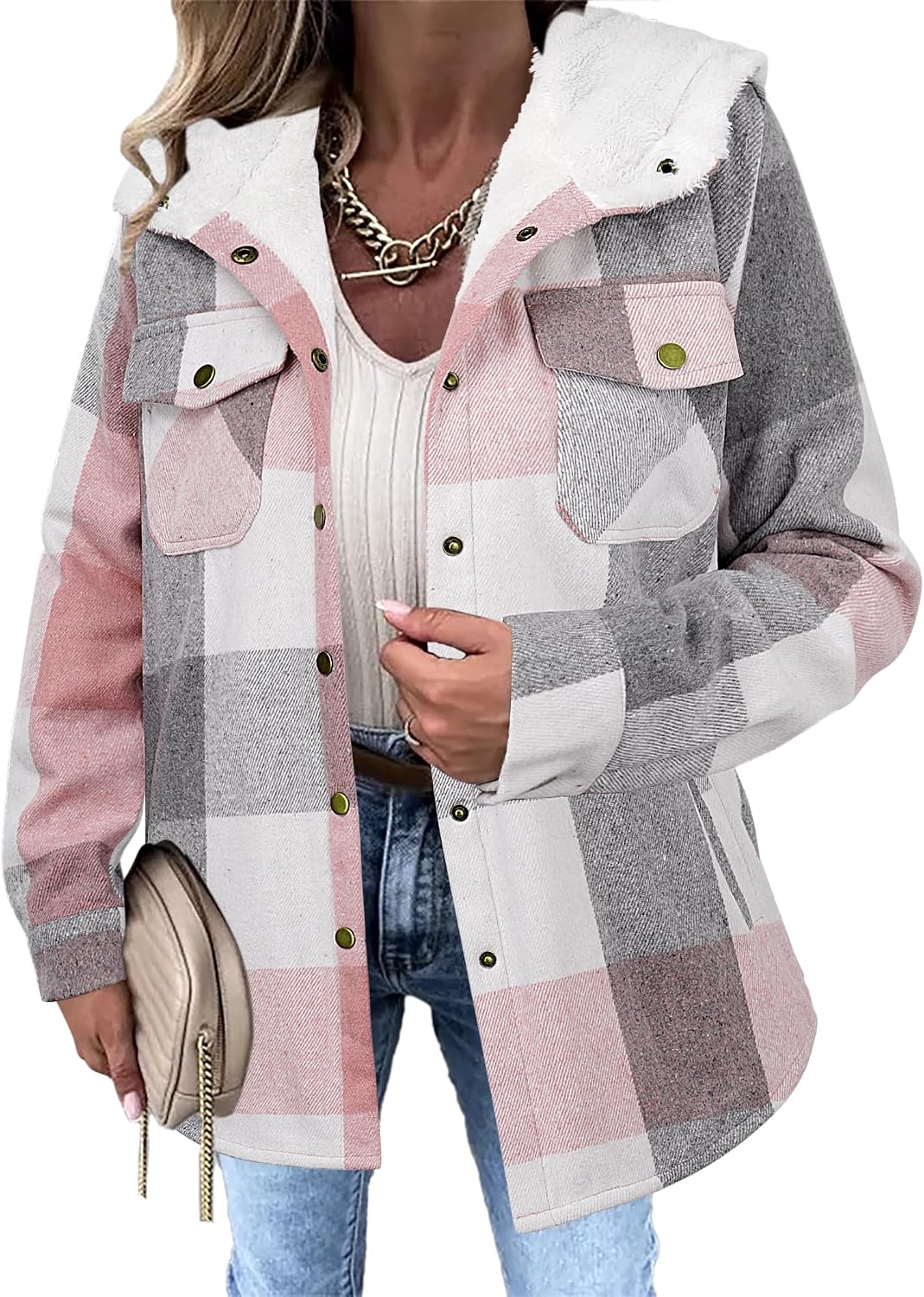 Womens Flannel Plaid Jacket Fleece Lined Shacket Hooded Warm Coat-Tactilefable