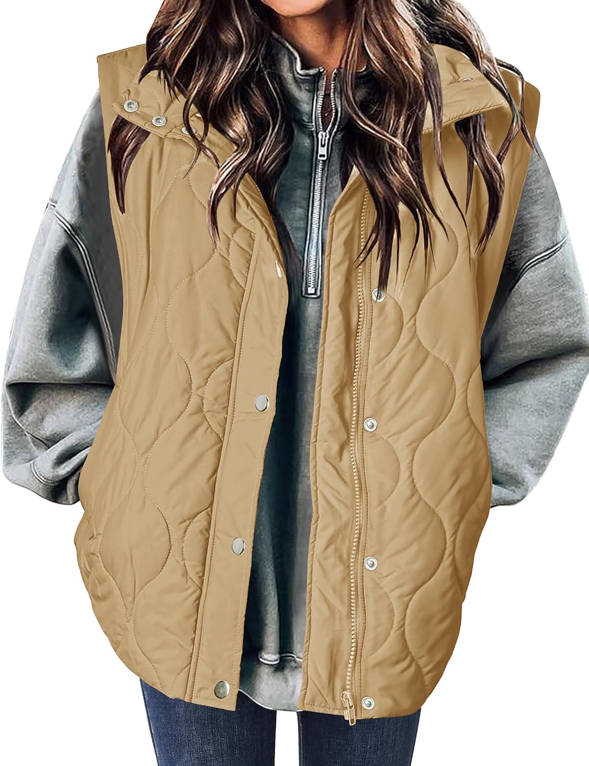 Women Oversized Puffer Vest Stand Collar Zip Up Sleeveless Outerwear-Tactilefable