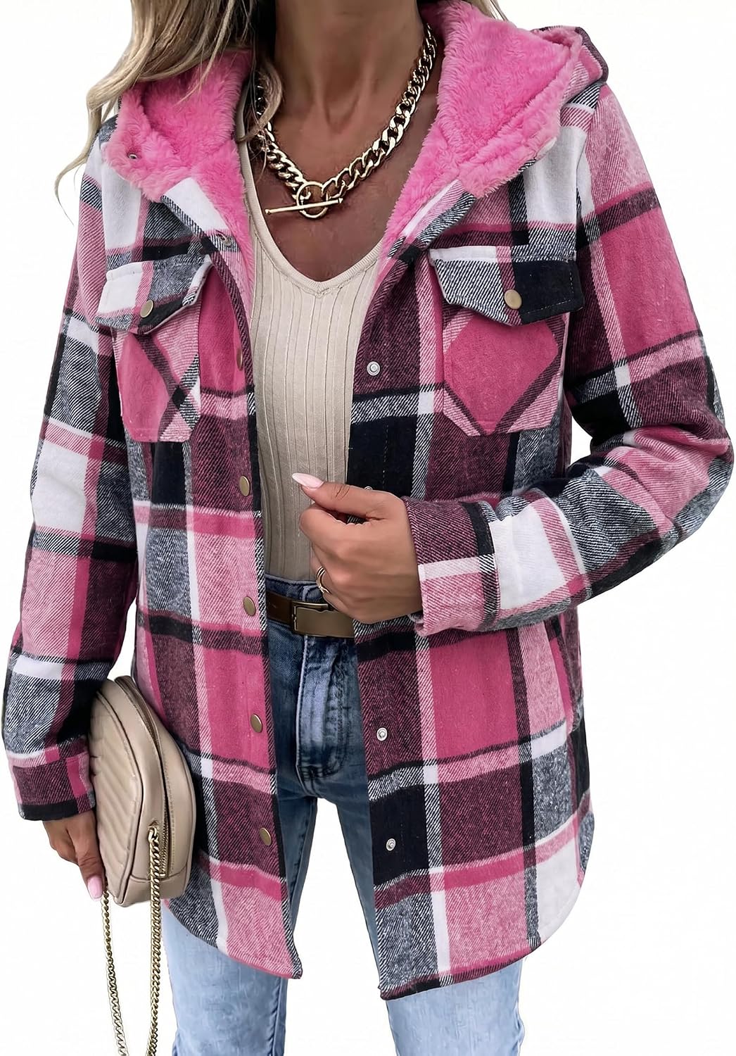 Womens Flannel Plaid Jacket Fleece Lined Shacket Hooded Warm Coat-Tactilefable