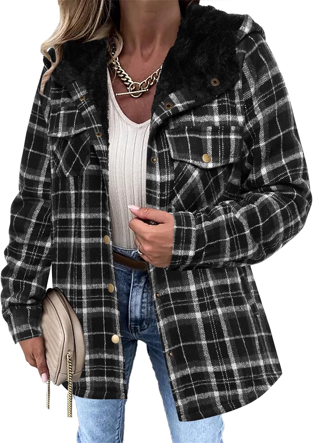 Womens Flannel Plaid Jacket Fleece Lined Shacket Hooded Warm Coat-Tactilefable