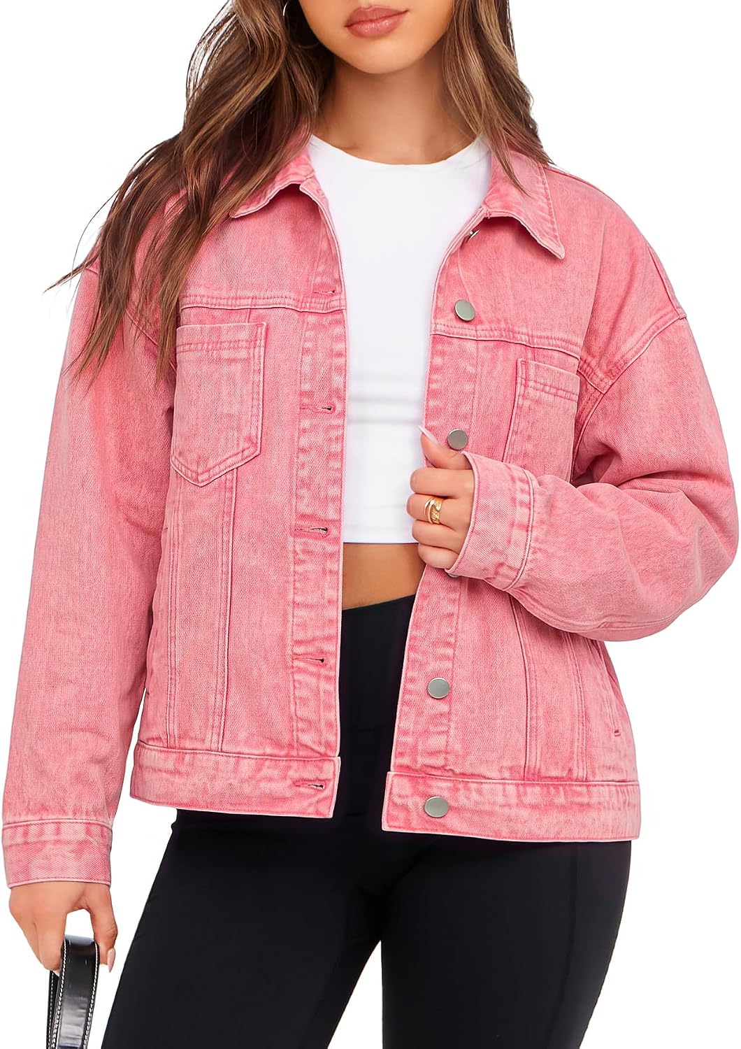 Womens Oversized Jean Jacket Casual Long Sleeve Button Down Denim Jacket Fall Coat-Tactilefable
