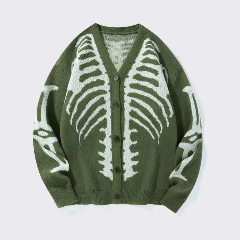Women's Skeleton Print Knit Cardigan V-Neck Drop-Shoulder Sweater for Casual Wear-Tactilefable