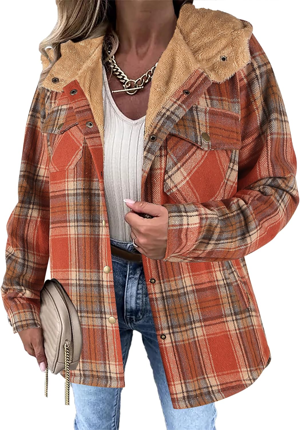 Womens Flannel Plaid Jacket Fleece Lined Shacket Hooded Warm Coat-Tactilefable