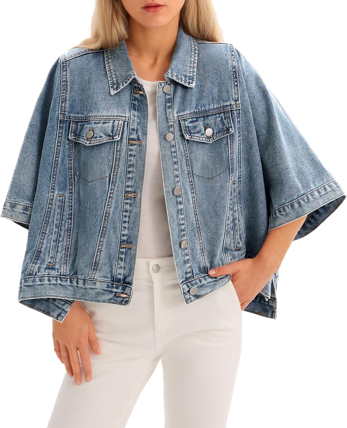 Womens Jean Jacket Oversized Cropped Denim Cape Jacket-Tactilefable