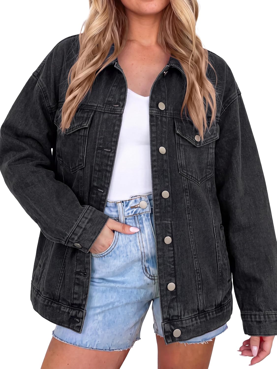 Womens Denim Jacket Oversized Button Down Fall Jean Jacket Coat-Tactilefable