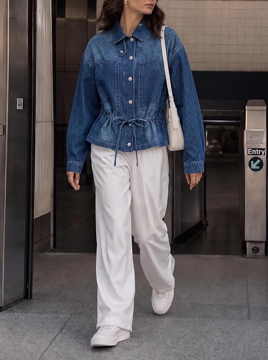 Women Drawstring Jean Jacket Button Down Collared Denim Shacket-Tactilefable