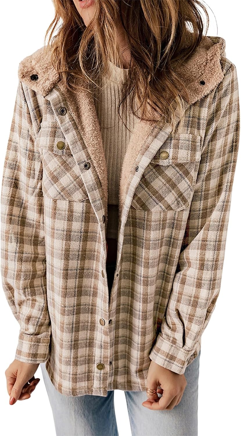 Womens Plaid Shacket Jacket Warm Fleece Hooded Jackets Winter Coats-Tactilefable