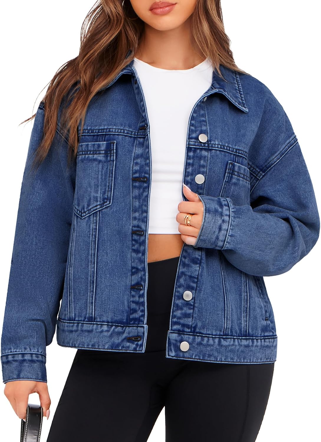 Womens Oversized Jean Jacket Casual Long Sleeve Button Down Denim Jacket Fall Coat-Tactilefable