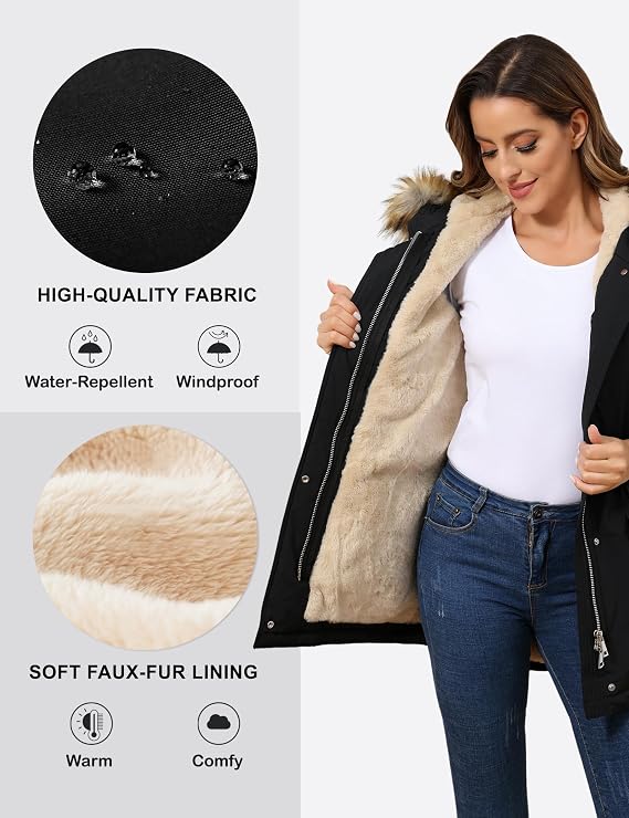 Women's Winter Coats Fleece Lined Parka Jacket Hooded Long Winter Warm Parka Coat with Pockets-TACTILEFABLE