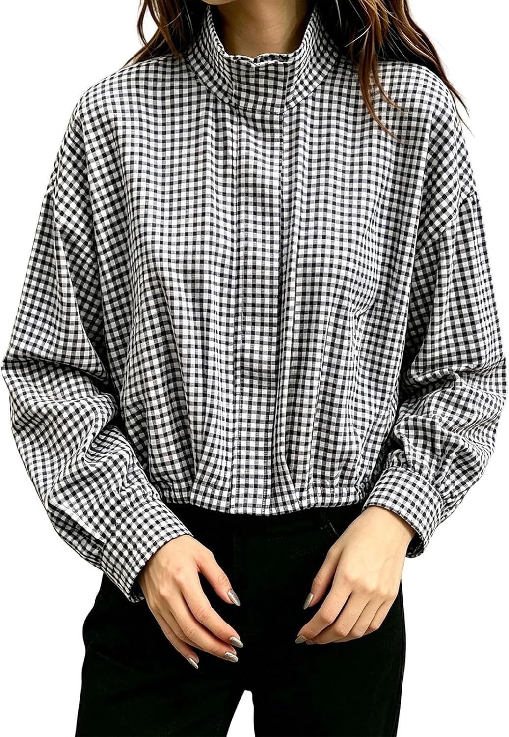 Funnel Neck Jacket for Women Gingham Zip Up Bomber Jacket-Tactilefable