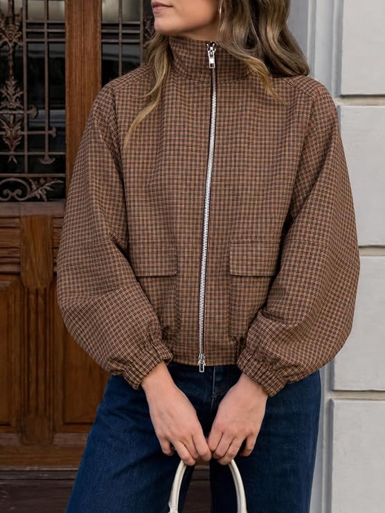 Womens Cropped Plaid Jacket Zip Up Lightweight Casual Coat with Pockets-Tactilefable