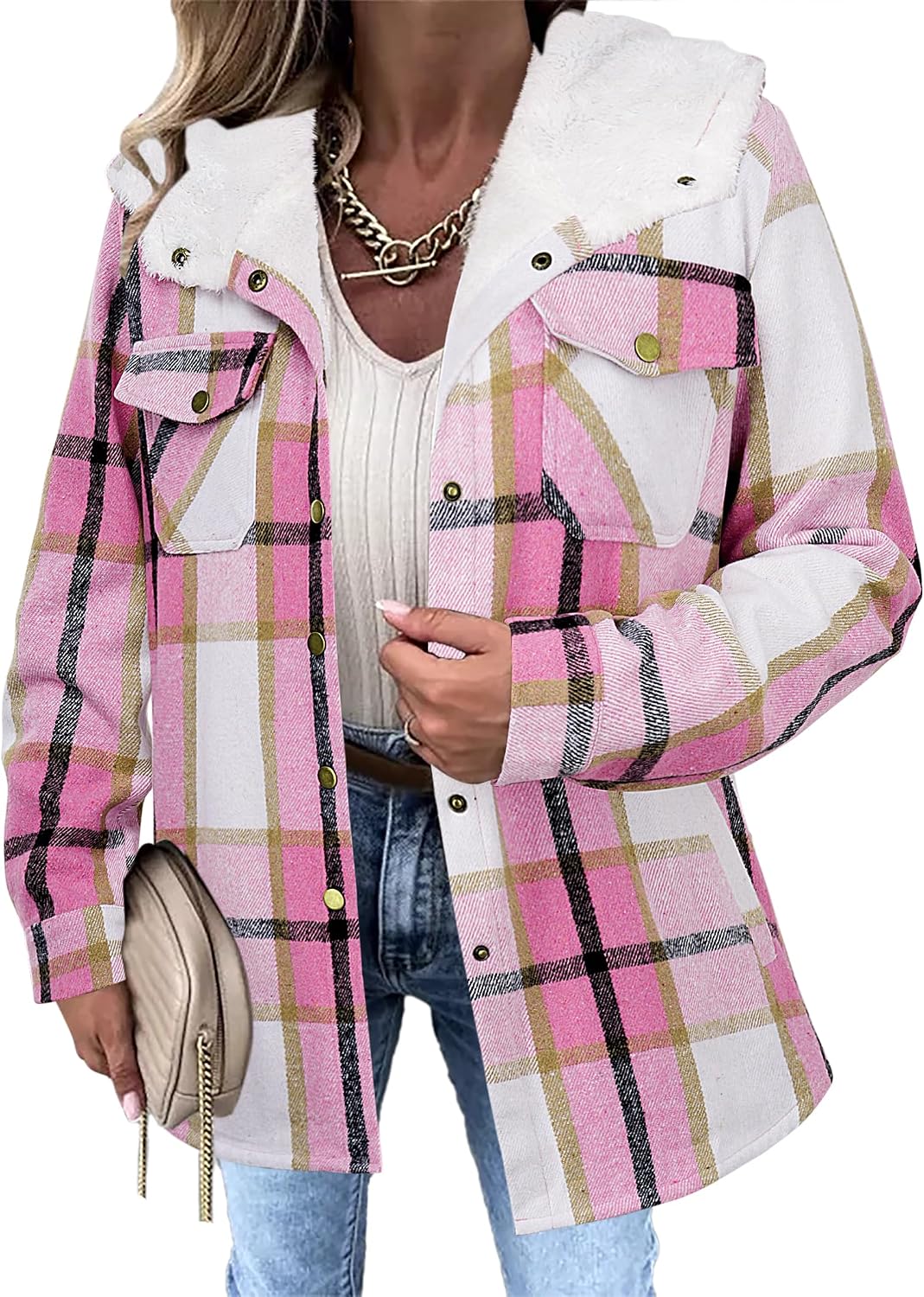 Womens Flannel Plaid Jacket Fleece Lined Shacket Hooded Warm Coat-Tactilefable