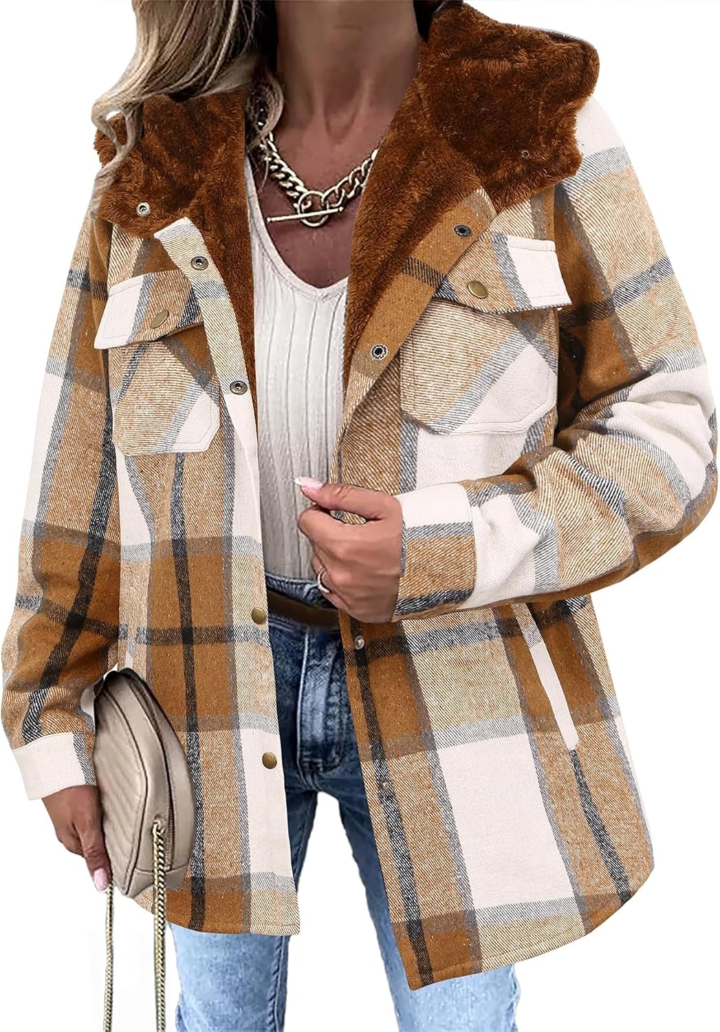 Womens Flannel Plaid Jacket Fleece Lined Shacket Hooded Warm Coat-Tactilefable