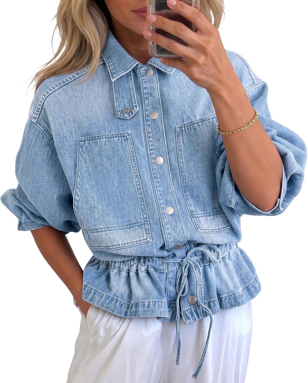 Women Drawstring Jean Jacket Button Down Collared Denim Shacket-Tactilefable