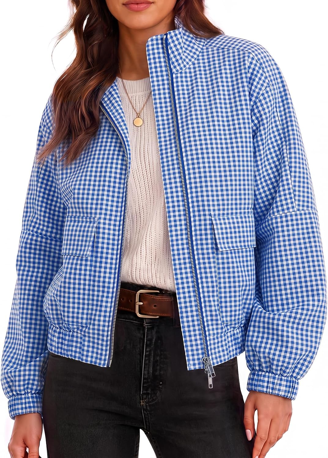 Womens Cropped Plaid Jacket Zip Up Lightweight Casual Coat with Pockets-Tactilefable