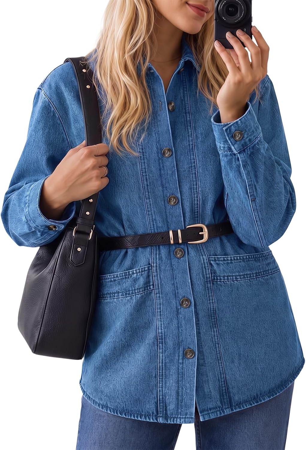 Womens Button Down Denim Jacket Collared Long Sleeve Seam Jackets-Tactilefable