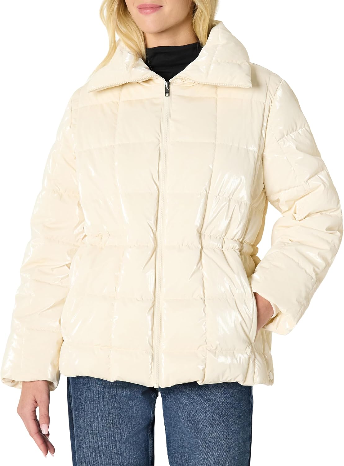 Women's Oversized-Fit Square Quilted Puffer Jacket with Adjustable Waist, Zip Front, Side Pockets-TACTILEFABLE