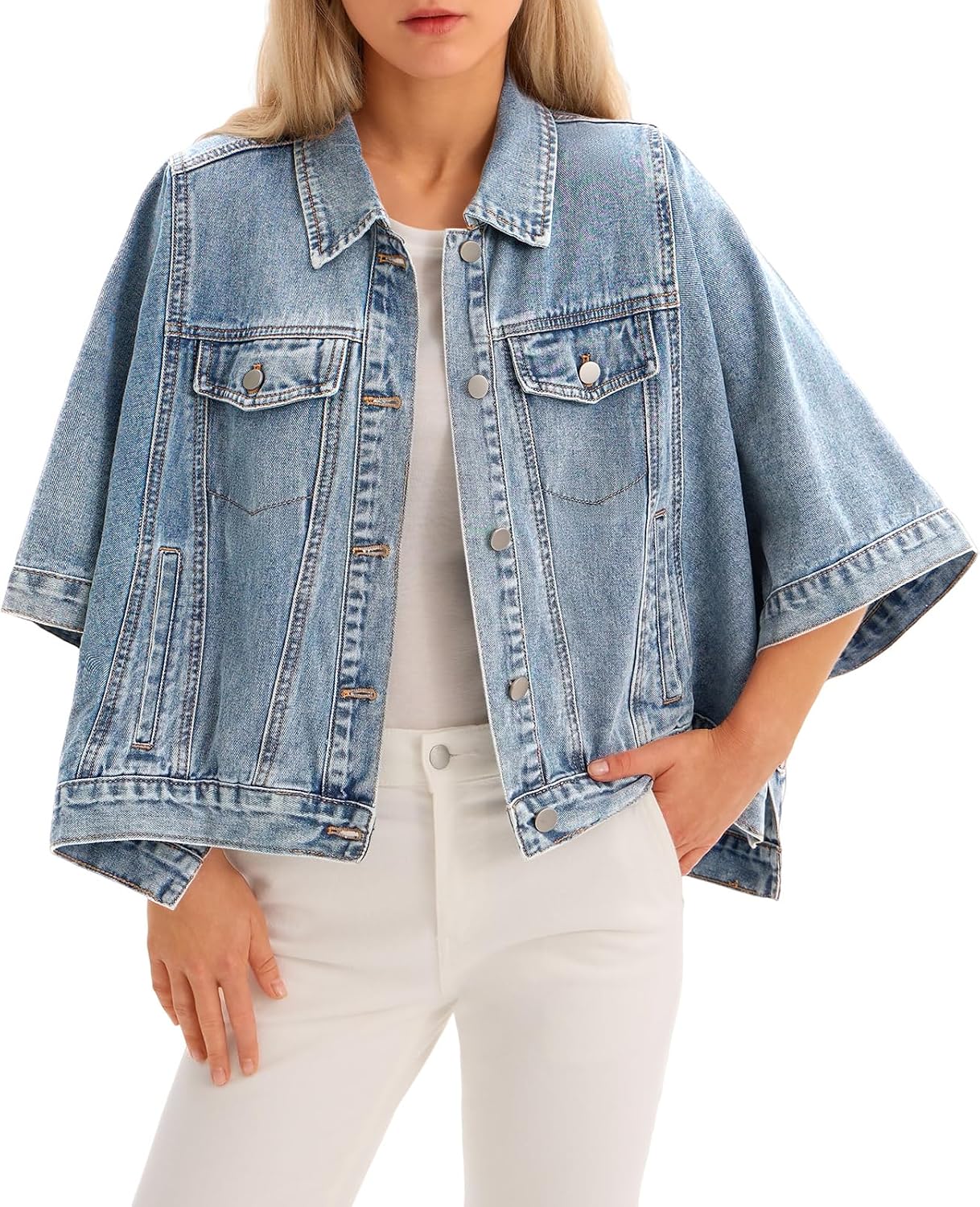 Womens Jean Jacket Oversized Cropped Denim Cape Jacket-Tactilefable