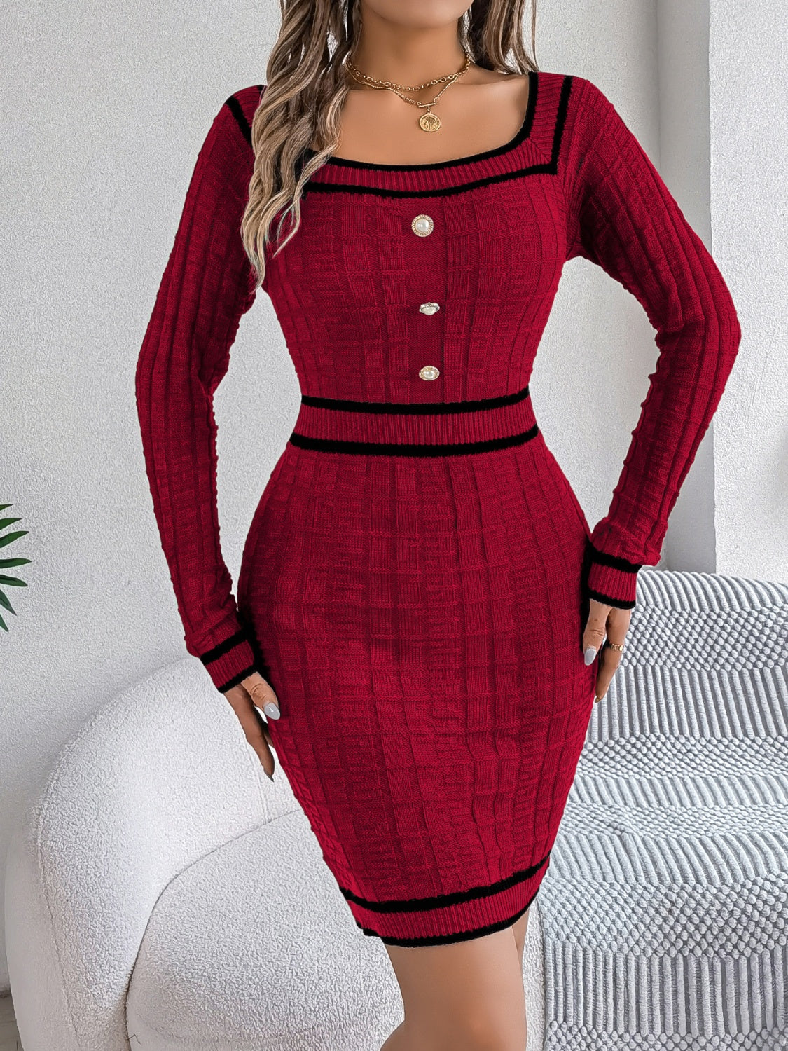 Grace Contrast Trim Long Sleeve Sweater Dress | 4 Colors-Tactilefable