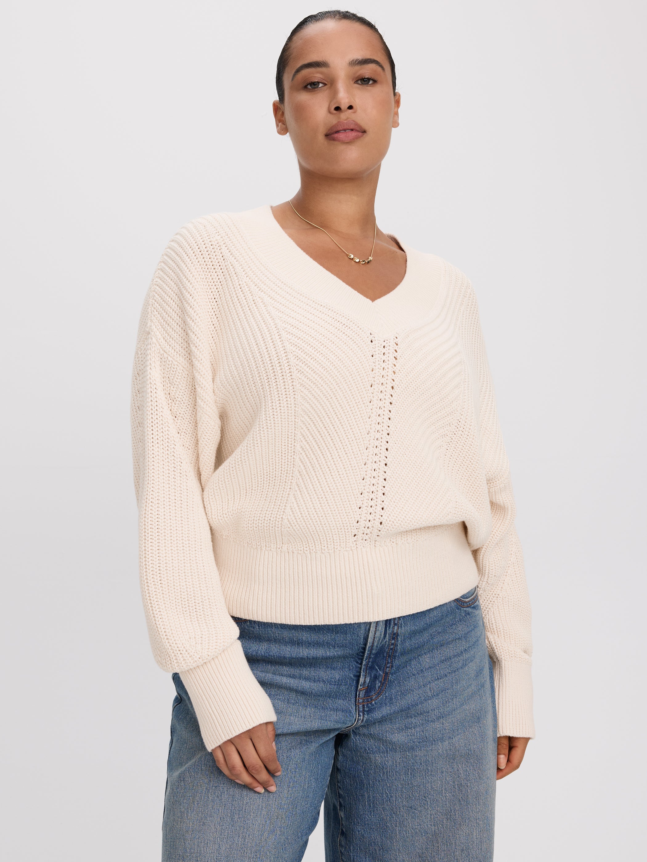 Long-Sleeve V-Neck Sweater with Half-Cardigan Stitches-Tactilefable