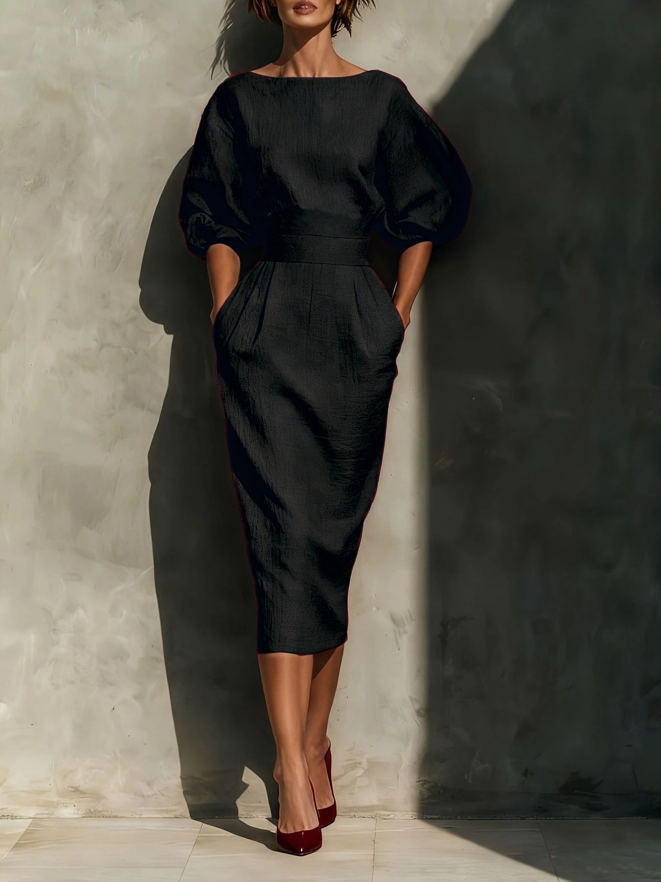 Puff-Sleeve Midi Dress with Pockets | 3 Colors-Tactilefable