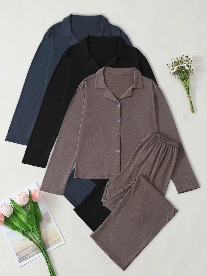 Women's Casual Fall Winter Pajama Set, Soft Skin-Friendly Fabric, Long Sleeve Lapel Design, Indoor Outdoor Wear, Two-Piece Sleepwear