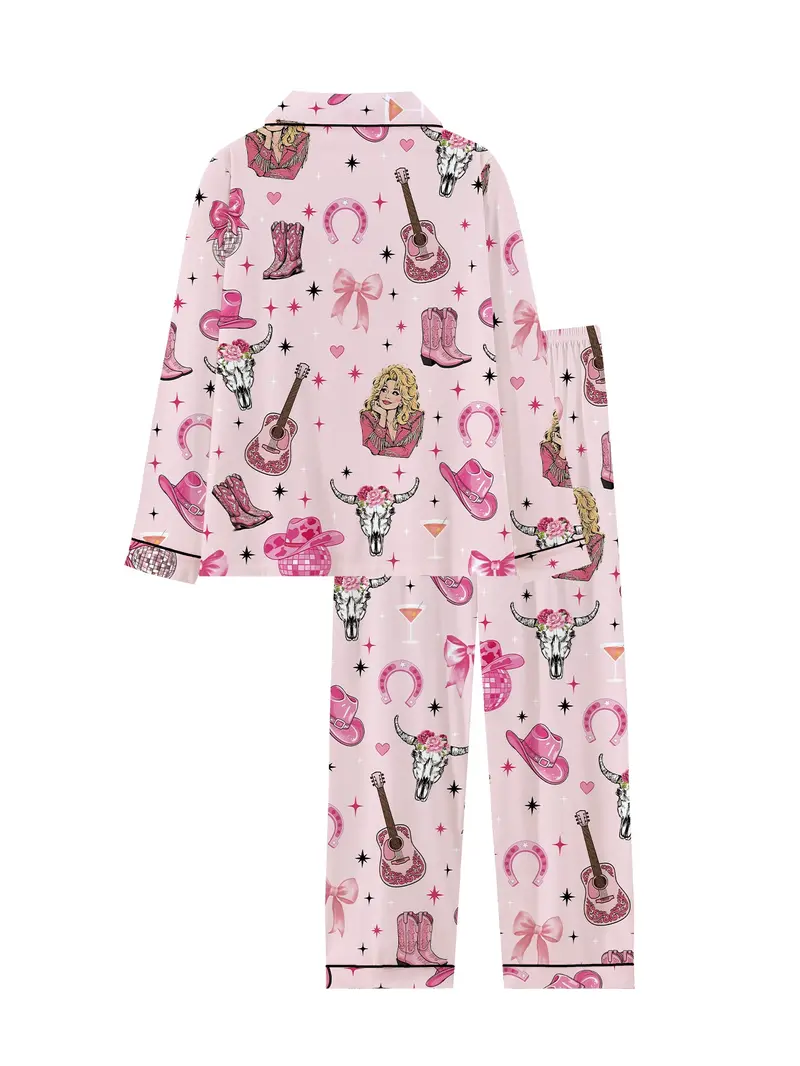 Country Music Guitar Print Cowgirl 2-Piece Pajama Set, Comfortable Knit Long Sleeve Button Front Homewear, Fall & Winter Loungewear Country Music Guitar Print Cowgirl 2-Piece Pajama Set, Comfortable Knit Long Sleeve Button Front Homewear, Fall & Winter Loungewear