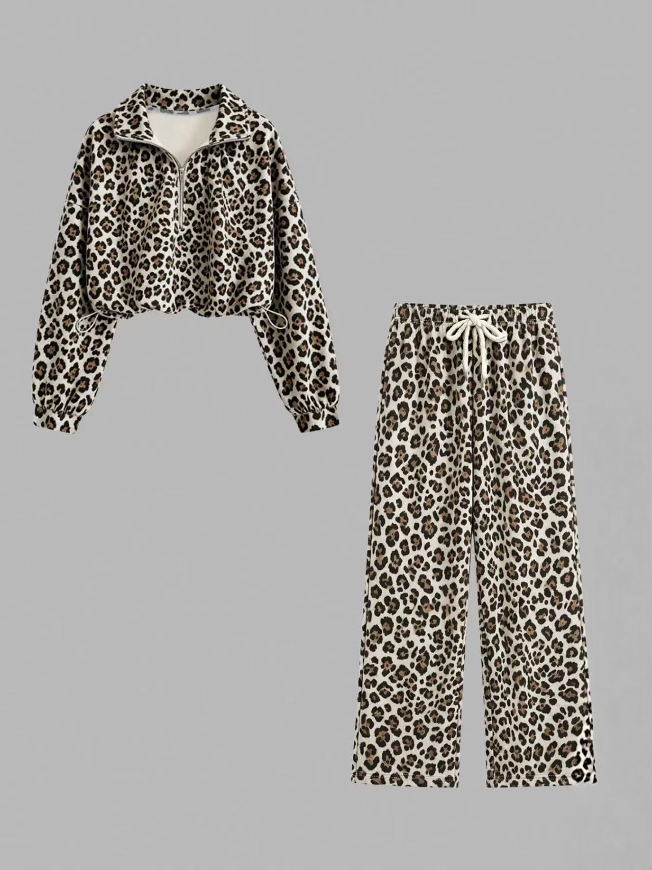Women 2‑Piece Casual Outfit Set, Half Zip Collar Cropped Sweatshirt & Wide‑Leg Long Pants for Spring Autumn-TACTILEFABLE