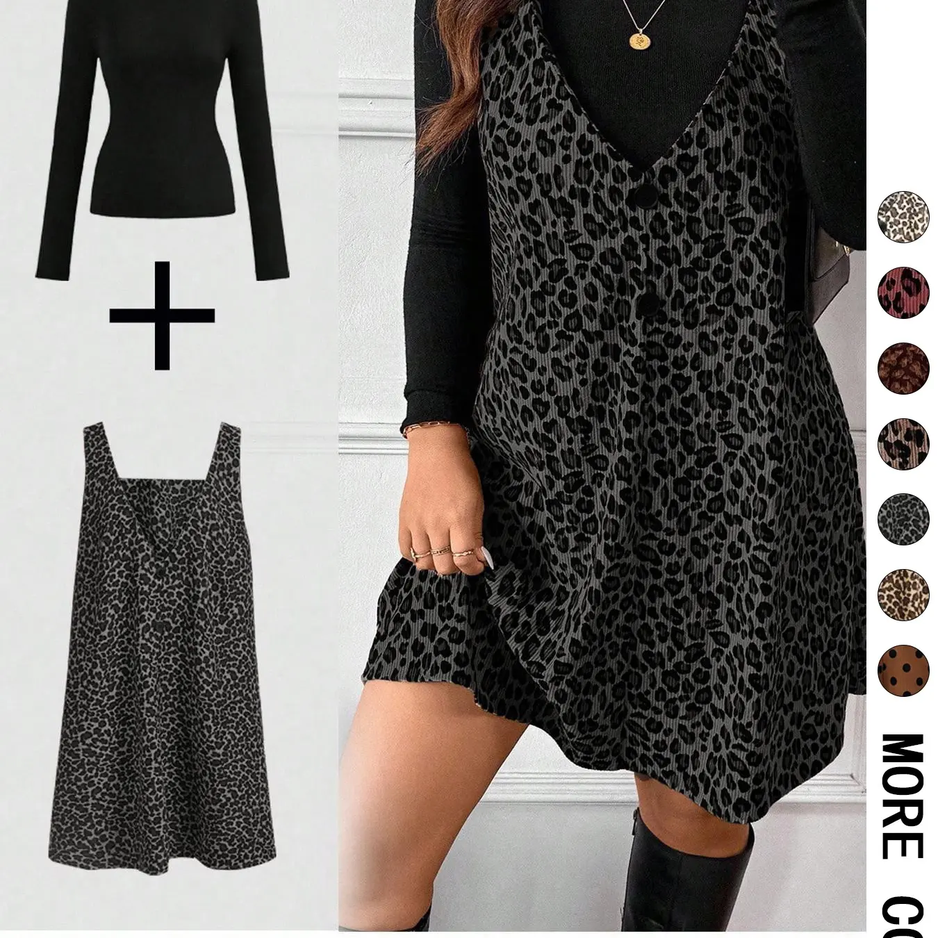 Women's High Neck Long Sleeve Inner Layer & Leopard Print Strap Skirt Matching Set