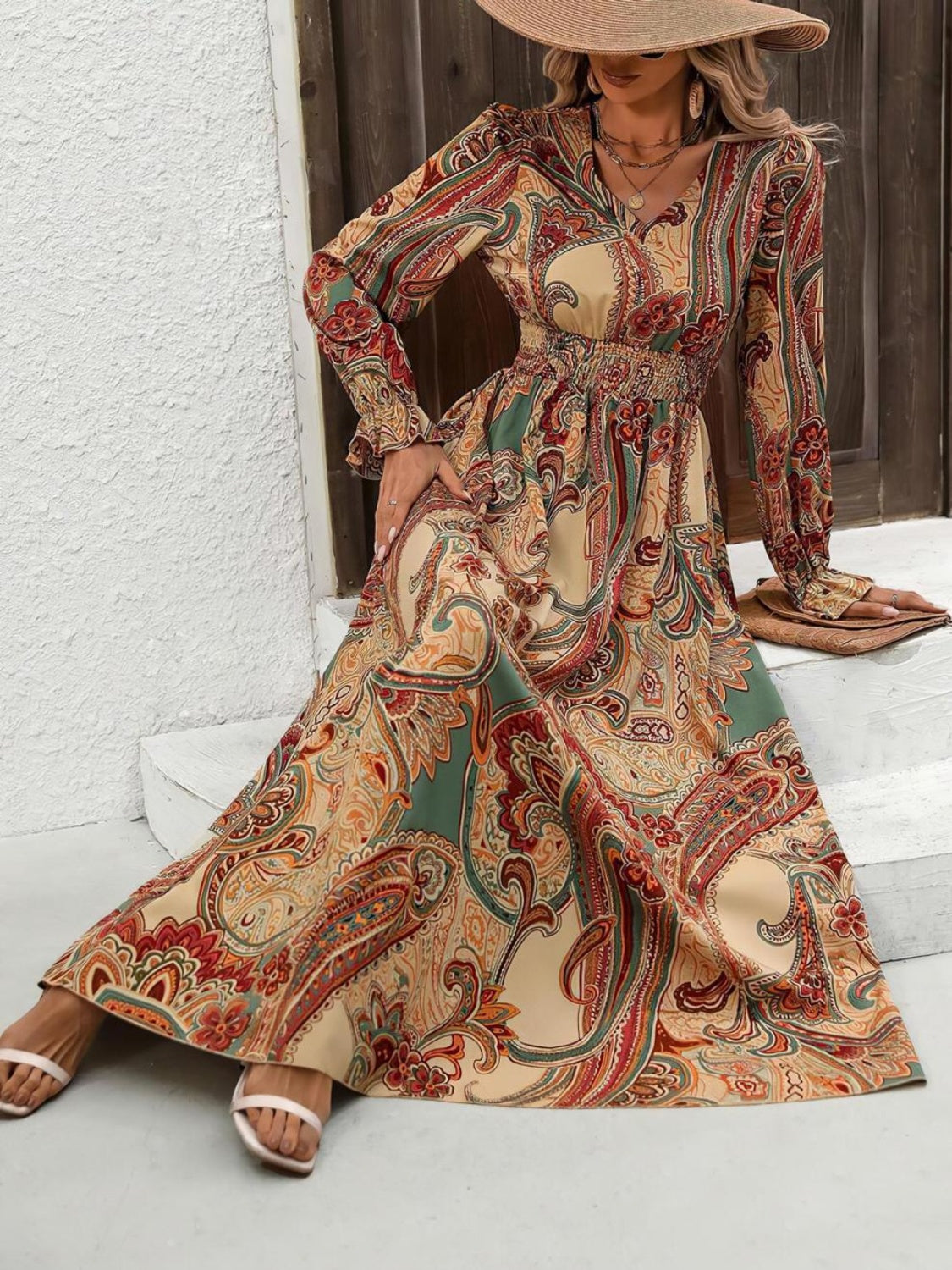 Gianna Smocked Printed V-Neck Flounce Sleeve Dress | 4 Colors-Tactilefable