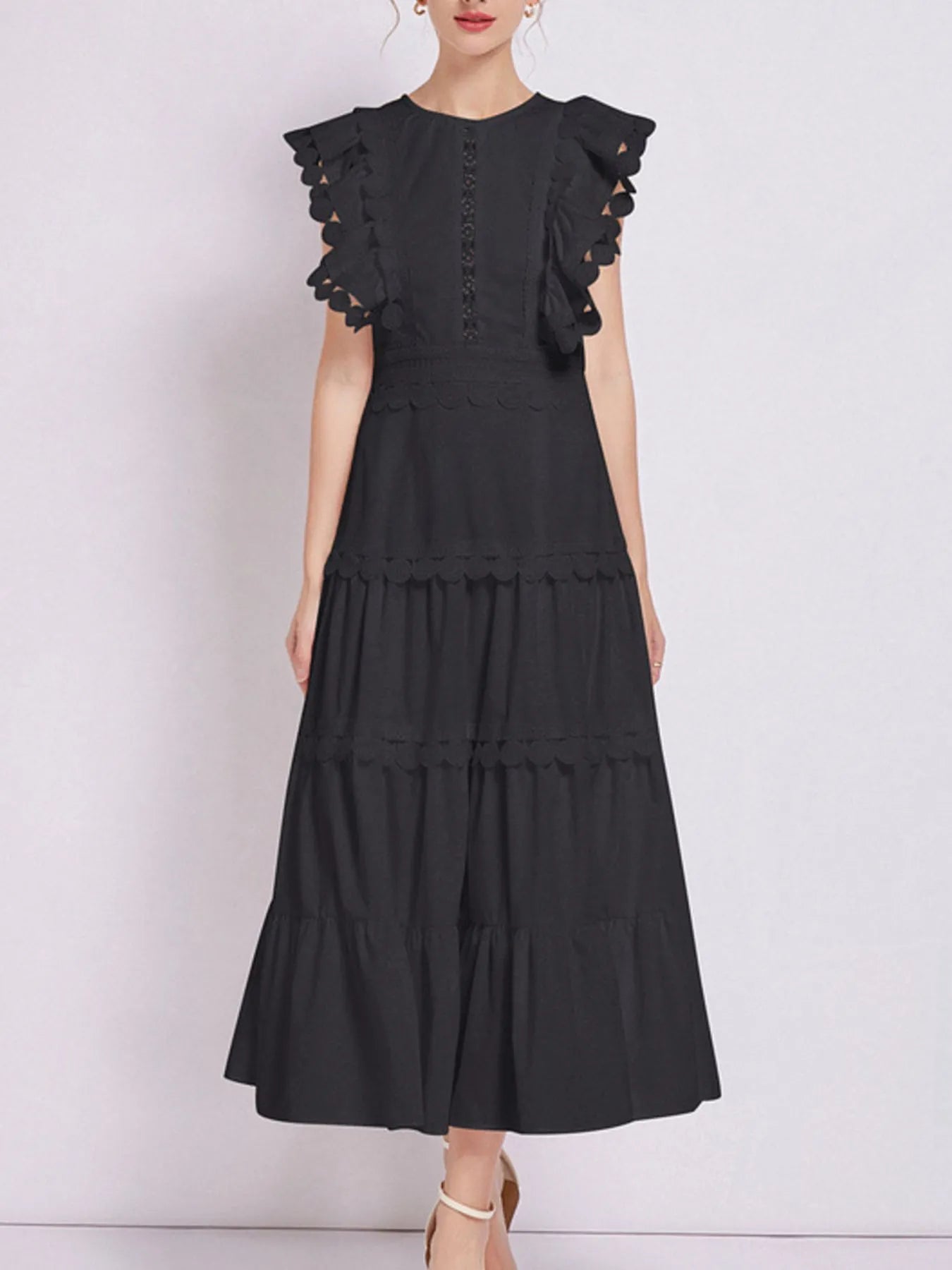 Flutter Sleeve Tiered Maxi Dress with Embroidered Trim | 3 Colors-Tactilefable