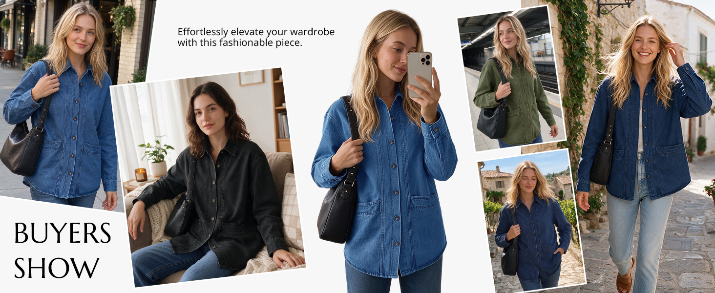 Everyday denim jacket looks shown across varied settings.