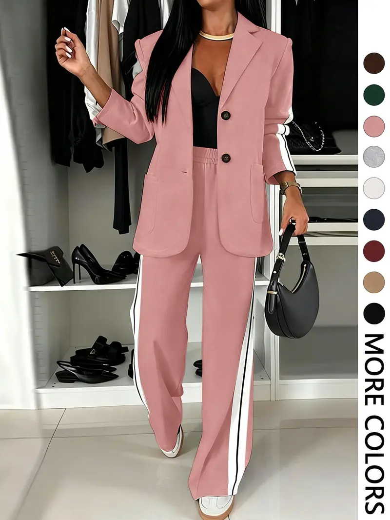 Women's Fall Winter Suit Set, Blazer + Wide Leg Striped Pants, Casual Daily Wear, Home & Outdoors Essential, Includes Pockets