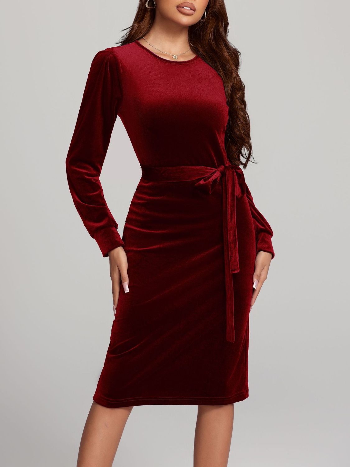 Round Neck Tie Waist Long Sleeve Velvet Dress | 4 Colors | Poundton-Tactilefable