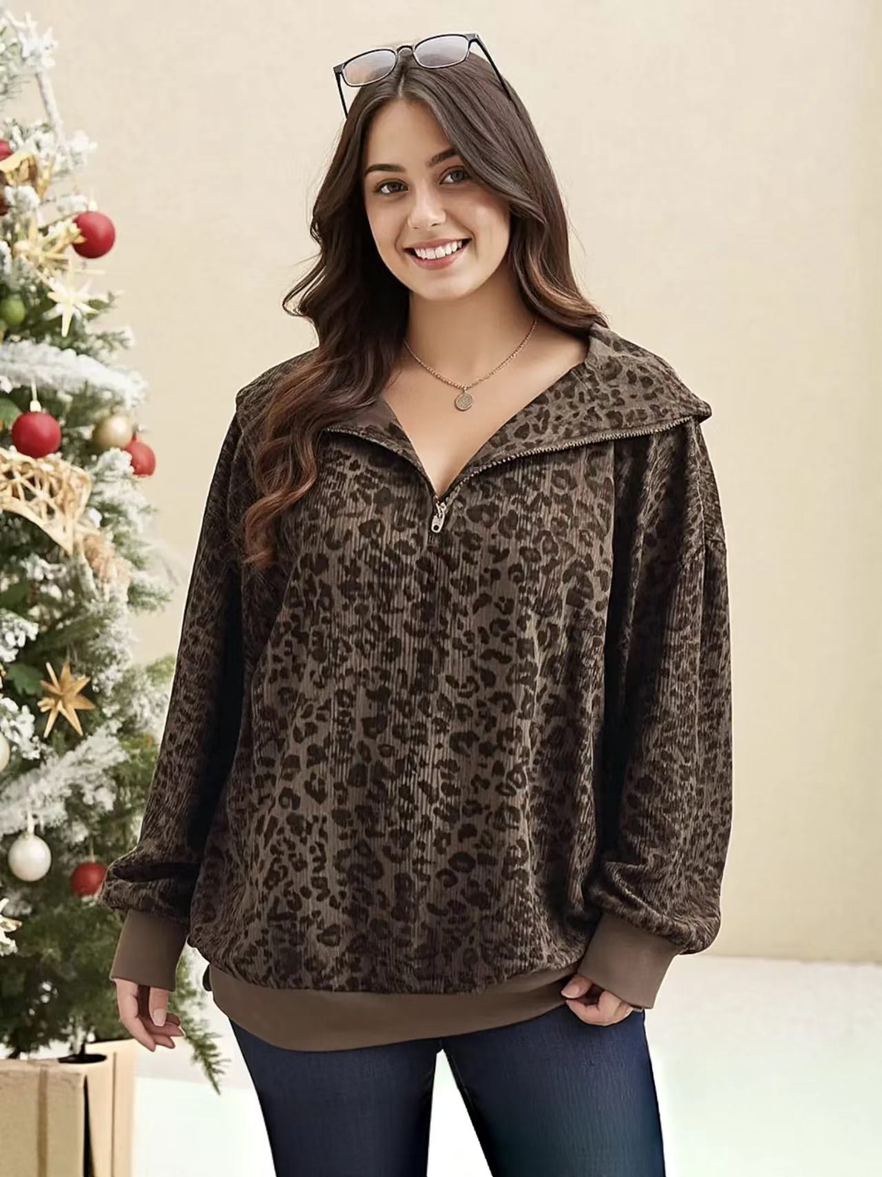 Women's Leopard Print Ribbed Half Zip Sweatshirt, Oversized Long Sleeve Polo Pullover-Tactilefable