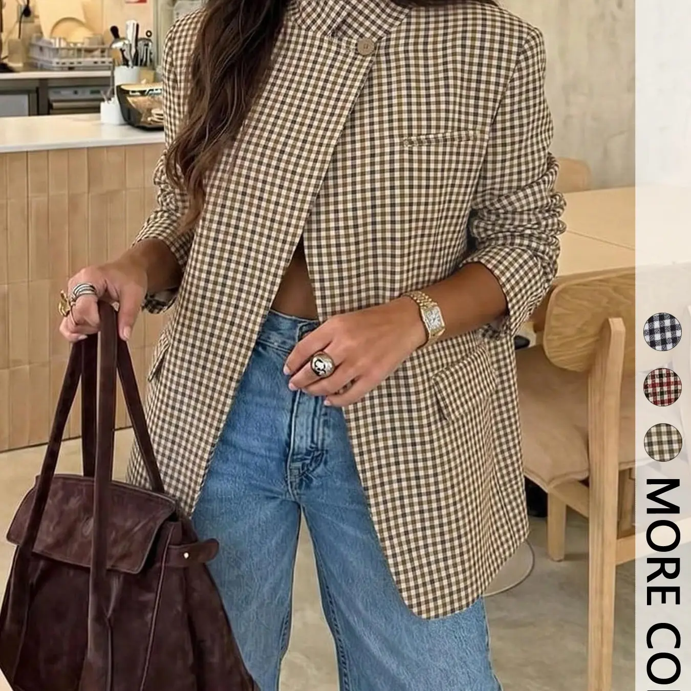 Women’s gingham stand-collar oversized blazer, single-button long-sleeve jacket with flap pockets. Vintage casual outerwear.